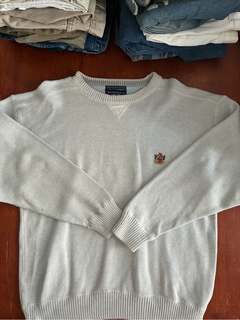 Vintage 90s Woods & Gray Crest Sweater Mens L 100% Cotton Gray Preppy Grandpa